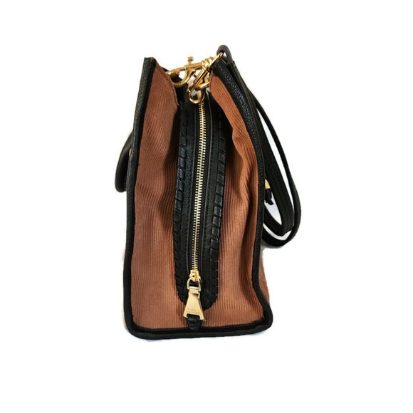 Aimee Kestenberg Stockbridge Brown Corduroy Leather Triple Entry Satchel Bag - Picture 5 of 10
